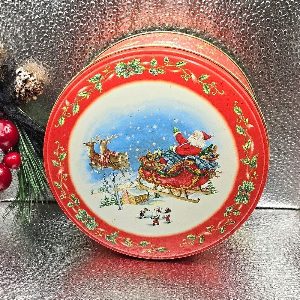 "5/$40" Vintage Kitchy Round Christmas Decorative Cookie Tin Box
